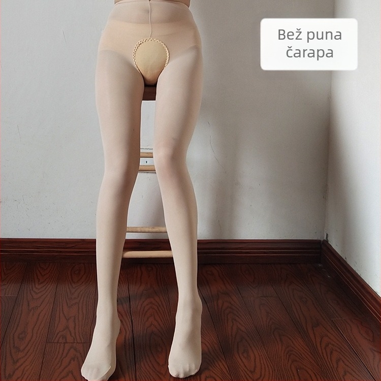Crne velur čarape s otvorom u preponi, srednje debeli, plus veličina, seksi, navučene, za proljeće-jesen-zimu
