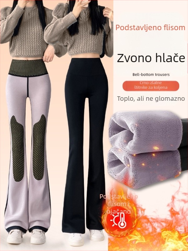 Ženske hlače s širokim krojem, zimska flis podstava, Shark stil, tople i oblikuju siluetu, s crno-zlatnim zakrpama na koljenima, za jogu