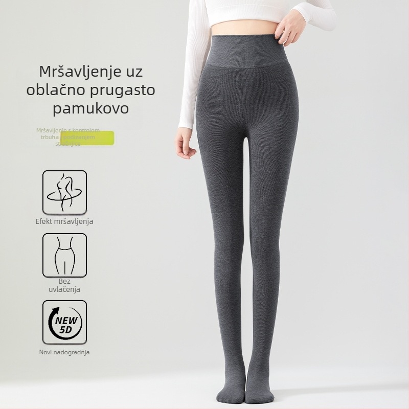 Damske najlonke s vertikalnim prugama, tople, visoki pojas, s nogama, jesen-zima