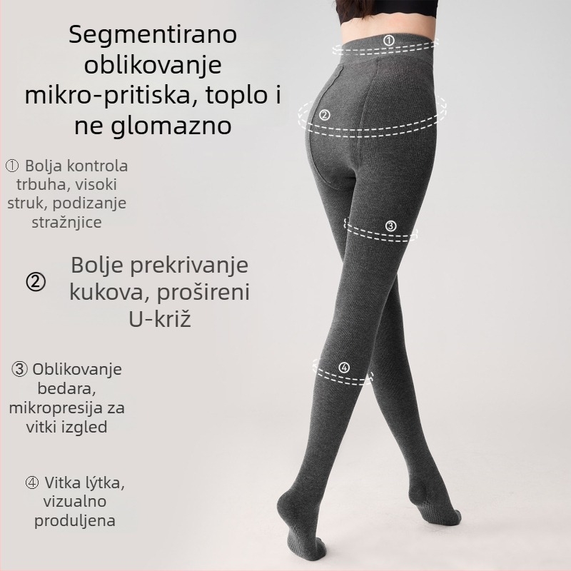 Ženske zimske tajice s fleec podstavom, debele, žebrovanog uzorka, s učinkom oblikovanja struka i podizanja stražnjice, sive