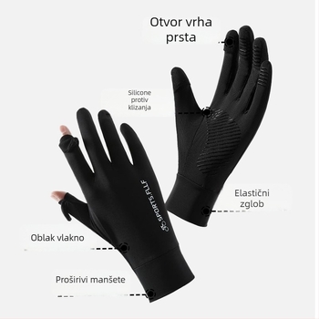 Muške ljetne rukavice za vožnju bicikla s UV zaštitom – brzo sušeće, prozračne, anti-slip, kompatibilne s dodirnim zaslonom; Ice Silk poliester (71-80%) + Spandex (21-30%)