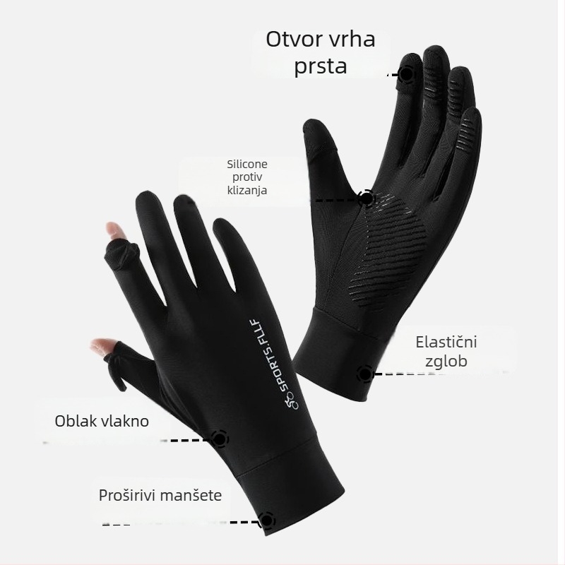 Muške ljetne rukavice za vožnju bicikla s UV zaštitom – brzo sušeće, prozračne, anti-slip, kompatibilne s dodirnim zaslonom; Ice Silk poliester (71-80%) + Spandex (21-30%)