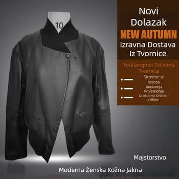 Ženska kožna jakna, uskog kroja, street hipster stil, polu-viši ovratnik, dugi rukavi, kopčanje na jedno dugme, ovčja koža s poliesterskom smjesom