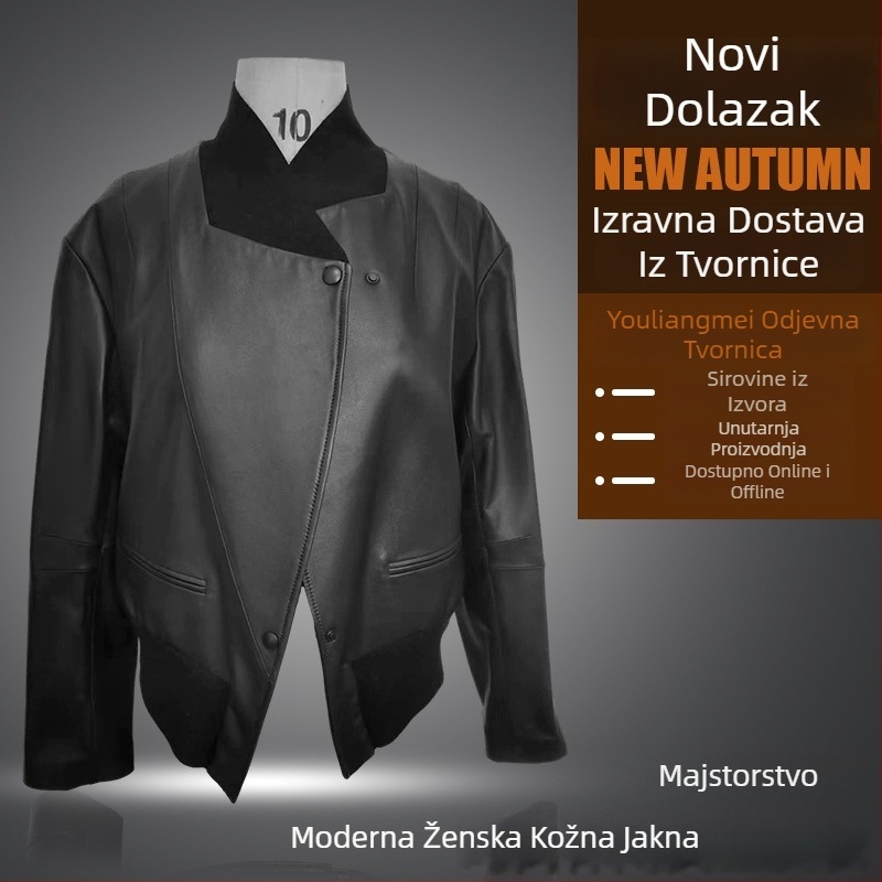 Ženska kožna jakna, uskog kroja, street hipster stil, polu-viši ovratnik, dugi rukavi, kopčanje na jedno dugme, ovčja koža s poliesterskom smjesom