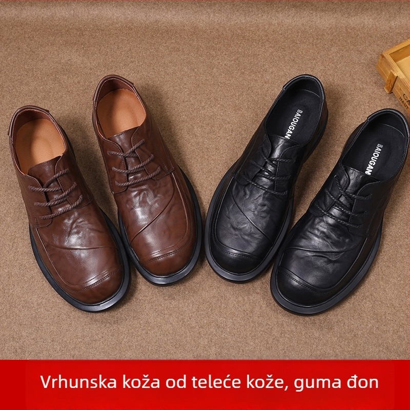 Muške kožne cipele za poslovno ležerni stil, okrugli nos, vezanje, gornji dio od teleće kože, gumeni đon