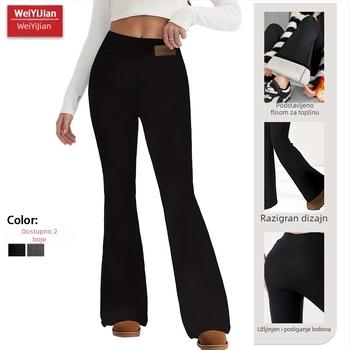 Ženske hlače visokog struka s flis podstavom, bootcut stil, elastične, tople, 95% poliester, 5% spandex