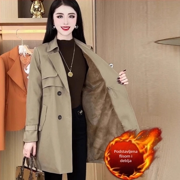 Ženski windbreaker kaput s fleece podstavom, srednja duljina, labav kroj, dugi rukavi, poluotvoren ovratnik, dvostruki red gumbi, poliester