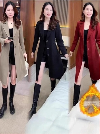 Ženski trench coat od poliestera, debeo, dugačak iznad koljena, jednostruko kopčanje, ovratnik stila sakoi, dugi rukavi