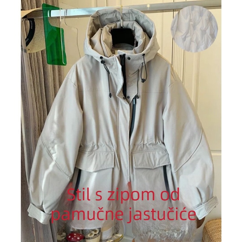 Ženski trenč kaput, materijal od pamuka–mješavina, srednja debljina, A-silueta, ultra kratka duljina ≤40 cm, kapuljača, džepovi sa zipom