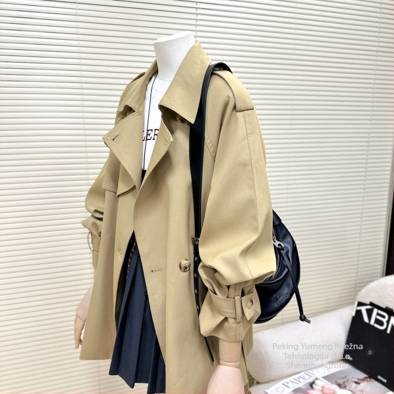 Trench kaput za žene maloga rasta - Chenille-spandex mješavina, srednja duljina, ovratnik s lotus listom, bez rukava, detalj vezivanja, jesen 2025