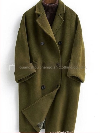Ženski reversibilni vuneni dugi kaput, slobodan kroj, dvostruko kopčanje, lapel ovratnik, duljina 80–100 cm, 90–95% vune, spandeks i poliester