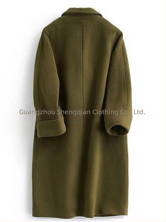 Ženski reversibilni vuneni dugi kaput, slobodan kroj, dvostruko kopčanje, lapel ovratnik, duljina 80–100 cm, 90–95% vune, spandeks i poliester