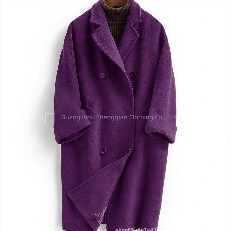 Ženski reversibilni vuneni dugi kaput, slobodan kroj, dvostruko kopčanje, lapel ovratnik, duljina 80–100 cm, 90–95% vune, spandeks i poliester