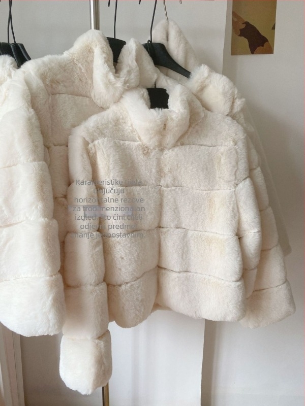 Ženski kaput od lisicjeg krzna, ultra kratka duljina, stojeći ovratnik, gradski stil