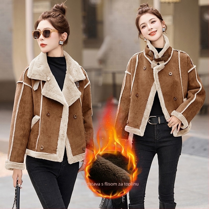 Kaput od deerskin velura s vunom izolacijom, pravilan kroj, dugi rukavi, jednostruko kopčanje, rever (Deerskin velvet; lamb-wool insulation; thick warmth; single-breasted; lapel)