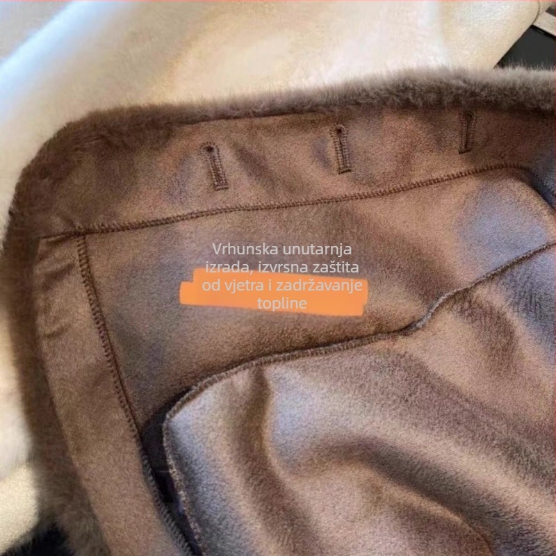 Kratki mink kaput s polo ovratnikom, bez rukava, chenille tkanina sa spandeksom, za odrasle žene