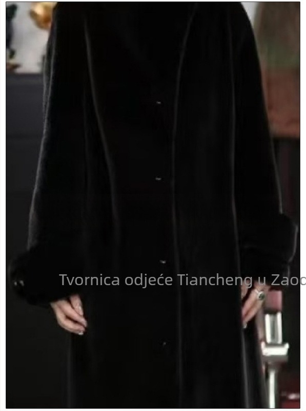 Ženski kaput od umjetnog krzna, dugačak kroj, uski kroj, V-izrez ovratnik, dugi rukavi