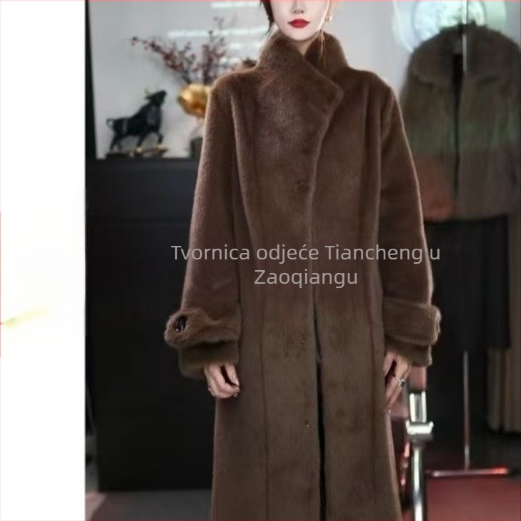 Ženski kaput od umjetnog krzna, dugačak kroj, uski kroj, V-izrez ovratnik, dugi rukavi