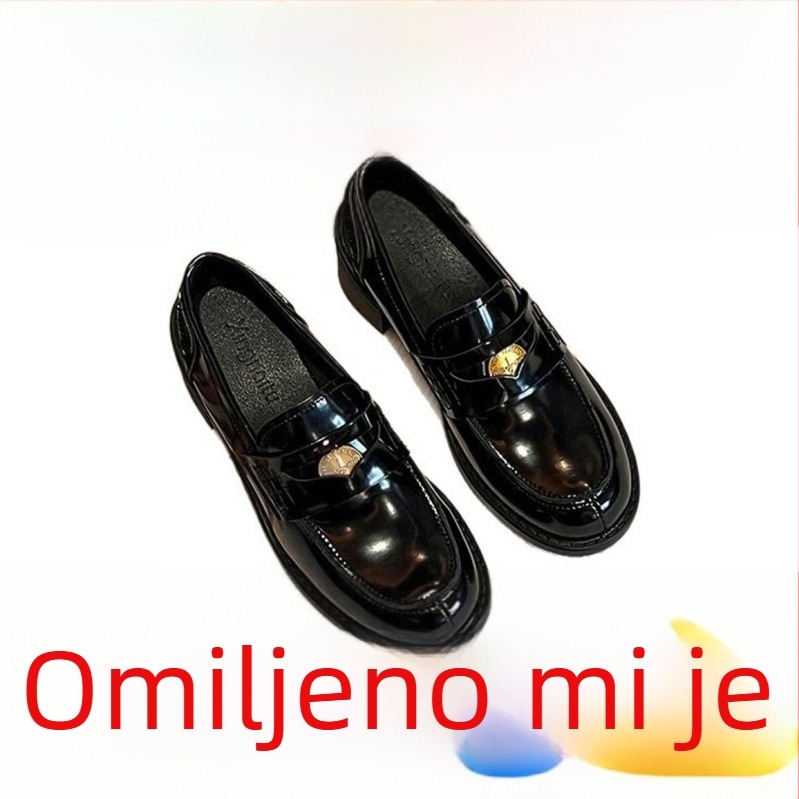 Ženske loafers od teleće kože, okrugli vrh, niski gornji dio, gumeni potplat, podstava od svinjske kože, debeli pet 3–5 cm, britanski stil