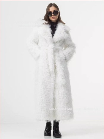 Ženski dugi kaput od umjetnog krzna, Chanel-stil, dugi rukavi, srednja debljina, ovratnik od umjetnog krzna