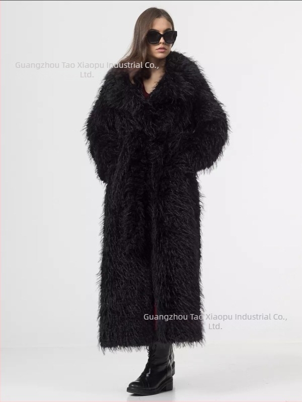 Ženski dugi kaput od umjetnog krzna, Chanel-stil, dugi rukavi, srednja debljina, ovratnik od umjetnog krzna