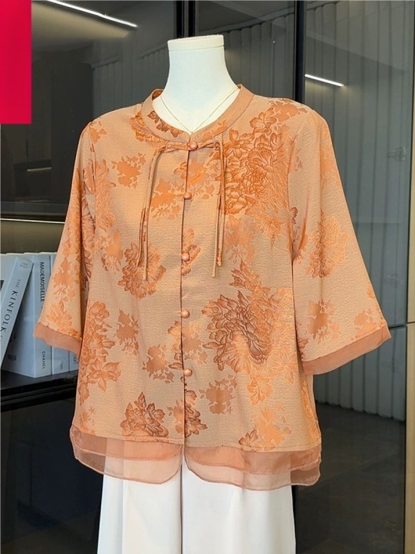 Ženska košulja kineskog stila, srednji rukav, poliester, bez glađenja, casual stil, ljeto 2025