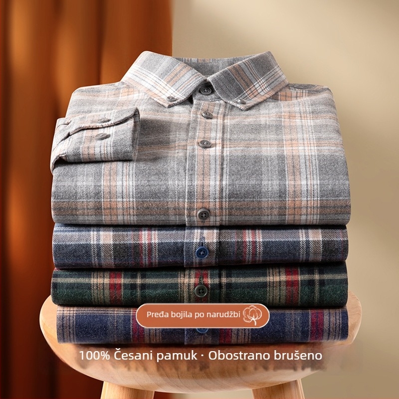 Muška košulja od 100% pamuka s flanelom, karirana, dugi rukav, jesen-zima, casual, debela