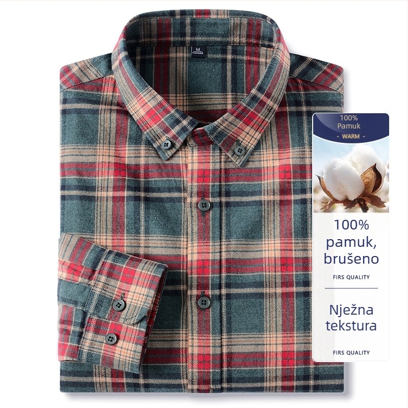 Muška košulja od 100% pamuka s flanelom, karirana, dugi rukav, jesen-zima, casual, debela