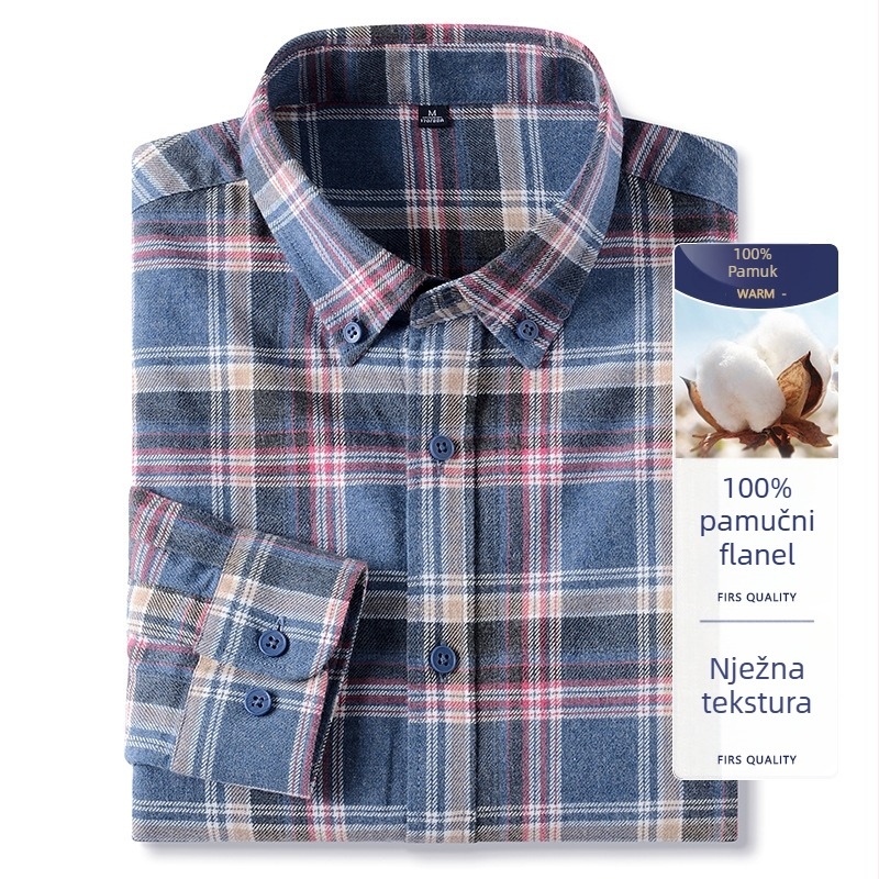 Muška košulja od 100% pamuka s flanelom, karirana, dugi rukav, jesen-zima, casual, debela