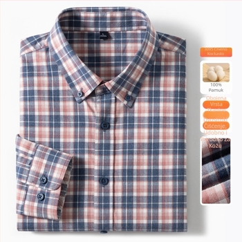 Muška košulja od pamuka s kariranim uzorkom, plišana obrada, slim fit, dugi rukavi