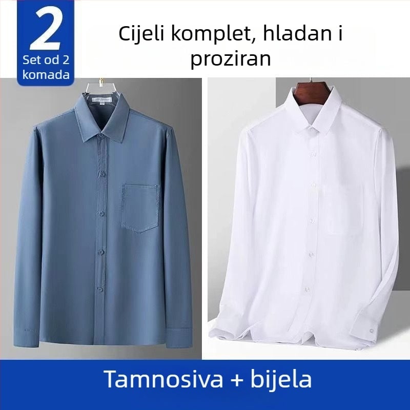 Muška svilena košulja s dugim rukavima, opuštenog kroja, široka kragna, prozračna, jednobojni uzorak