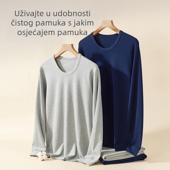Muški 100% pamuk termalni komplet: gornji dio s okruglim izrezom i hlače, debeli materijal, podrška struka, za muškarce srednje dobi