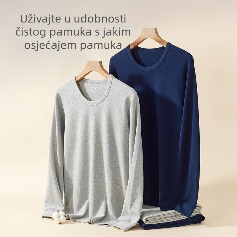 Muški 100% pamuk termalni komplet: gornji dio s okruglim izrezom i hlače, debeli materijal, podrška struka, za muškarce srednje dobi