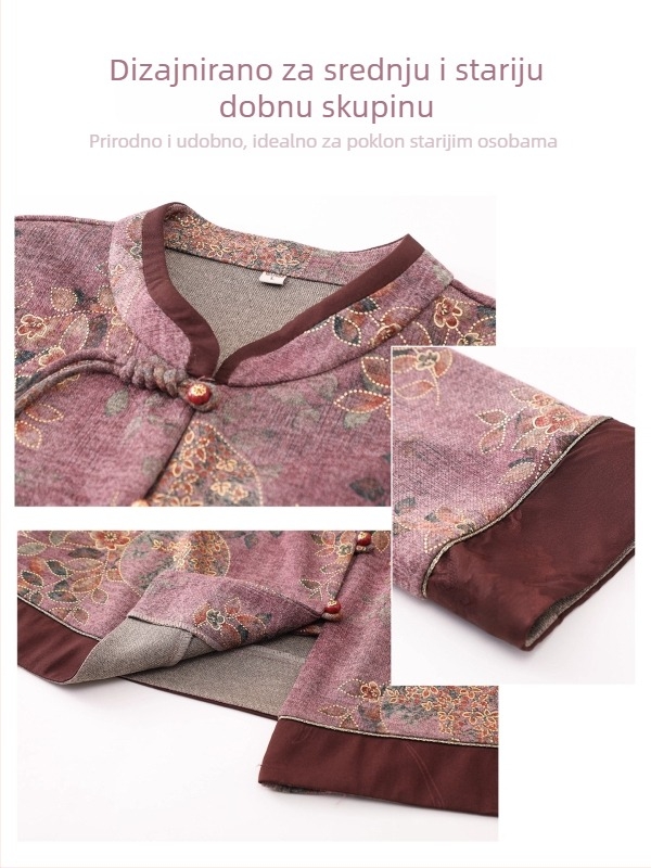 Jesenki set košulje i sakoa za starije žene u stilu Tang s tiskom, dugi rukavi, materijal: poliester (>95%), viskoza (<30%), elegantan stil, izdanje: jesen 2025