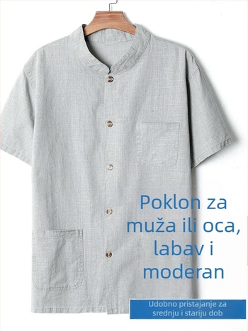 Muška košulja od lanenog-miješavine, kratki rukavi, labav kroj, stojeći ovratnik, jednobojna, ljeto