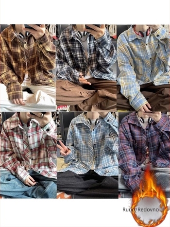 Jesen–zimska japanski inspirirana retro karirana košulja s flis podstavom, za muškarce, dugi rukav, udoban slobodan kroj, topla.