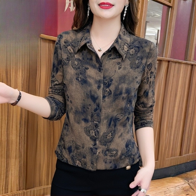 Bluza s dugim rukavima s vintage halo printom za srednju dob i starije osobe, poliester (>95%), široka kroj, proljeće 2025 izdanje, pogodna za putovanja/ured, šivanje visokotemperaturnom tehnologijom