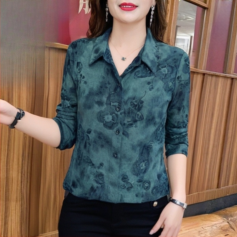 Bluza s dugim rukavima s vintage halo printom za srednju dob i starije osobe, poliester (>95%), široka kroj, proljeće 2025 izdanje, pogodna za putovanja/ured, šivanje visokotemperaturnom tehnologijom