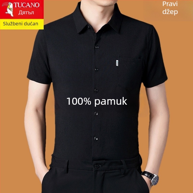 Woodpecker muška košulja s kratkim rukavima, pamuk materijal, džepovi, novi stil za sredovječne poslovne ljude, bez glačanja, ljetna košulja