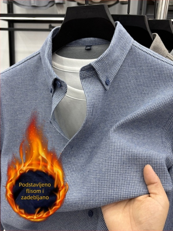 Muška košulja od 100% pamuka s flis unutrašnjom postavom, zimska, opuštenog kroja, bez glačanja, karirana
