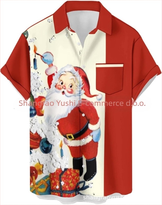 Muška hawaiijska košulja s reverom - 3D digitalna tisk Santa i jelen, kratki rukavi, slobodan kroj, poliester