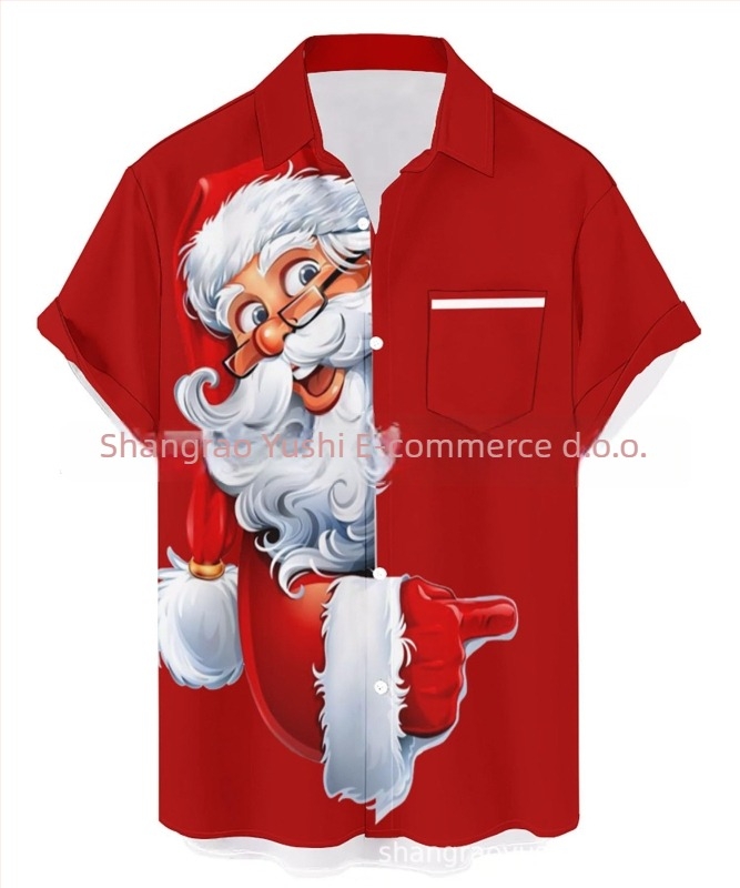 Muška hawaiijska košulja s reverom - 3D digitalna tisk Santa i jelen, kratki rukavi, slobodan kroj, poliester