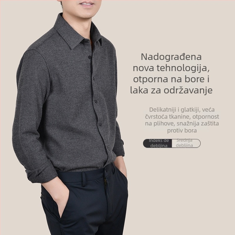 Muška košulja od vuneno-pamučne smjese, brushed završnica, dugi rukav, kardigan-stil, slobodan kroj, košulja s reverom — jesen-zima, tkanina od pamuka-vlna (Vuneno-pamučna smjesa; brushed završnica; debljina; dugi rukavi; kardigan silueta)
