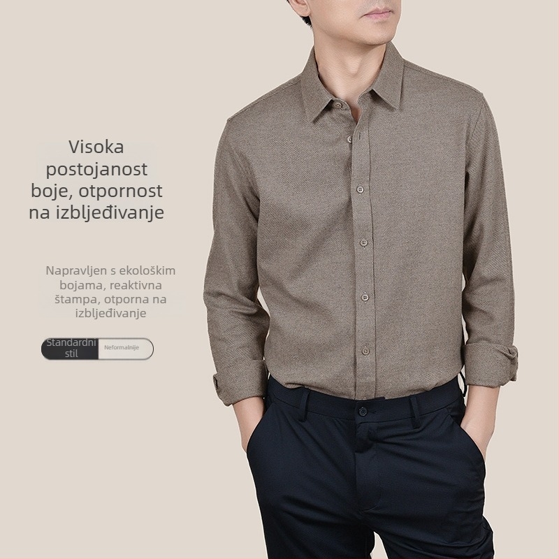 Muška košulja od vuneno-pamučne smjese, brushed završnica, dugi rukav, kardigan-stil, slobodan kroj, košulja s reverom — jesen-zima, tkanina od pamuka-vlna (Vuneno-pamučna smjesa; brushed završnica; debljina; dugi rukavi; kardigan silueta)