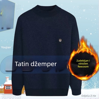 Muški pleteni džemper s flis podstavom, uski kroj, okrugli ovratnik, kamelova dlaka 66–70%, nork velur izvezena