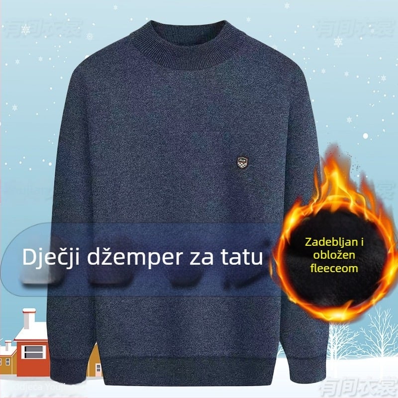 Muški pleteni džemper s flis podstavom, uski kroj, okrugli ovratnik, kamelova dlaka 66–70%, nork velur izvezena