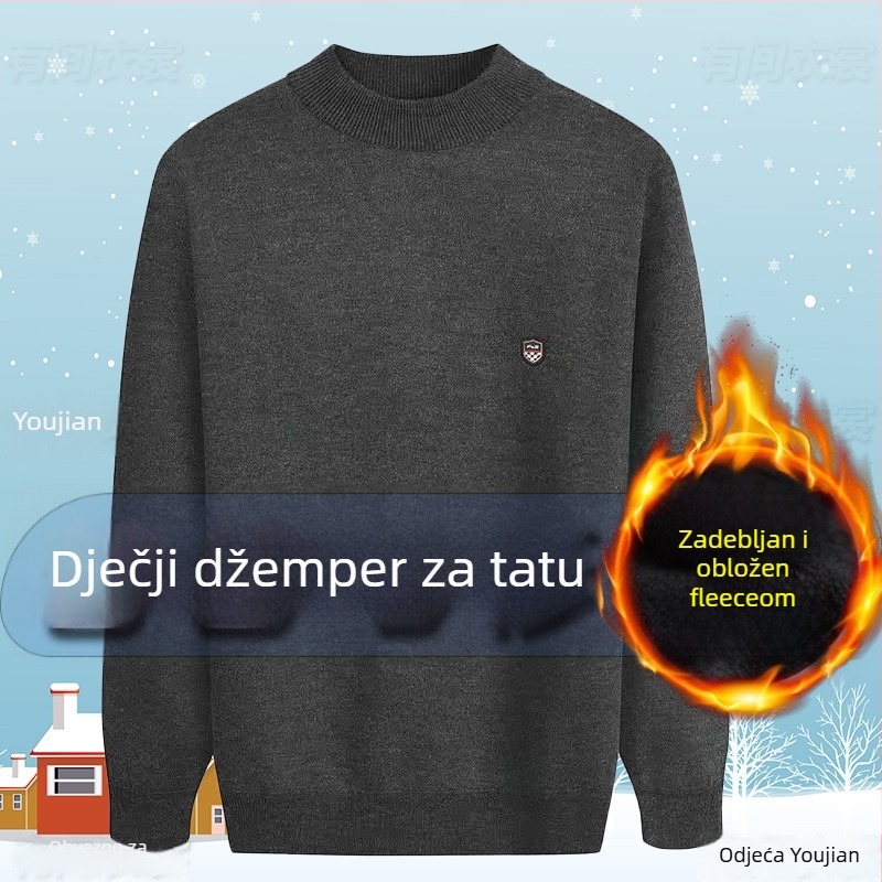 Muški pleteni džemper s flis podstavom, uski kroj, okrugli ovratnik, kamelova dlaka 66–70%, nork velur izvezena