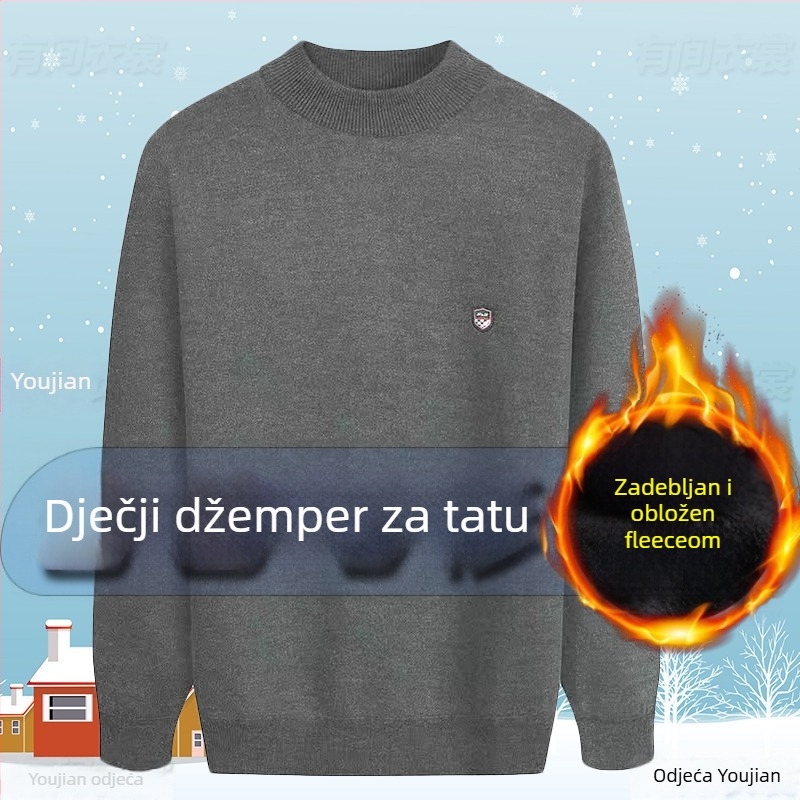 Muški pleteni džemper s flis podstavom, uski kroj, okrugli ovratnik, kamelova dlaka 66–70%, nork velur izvezena