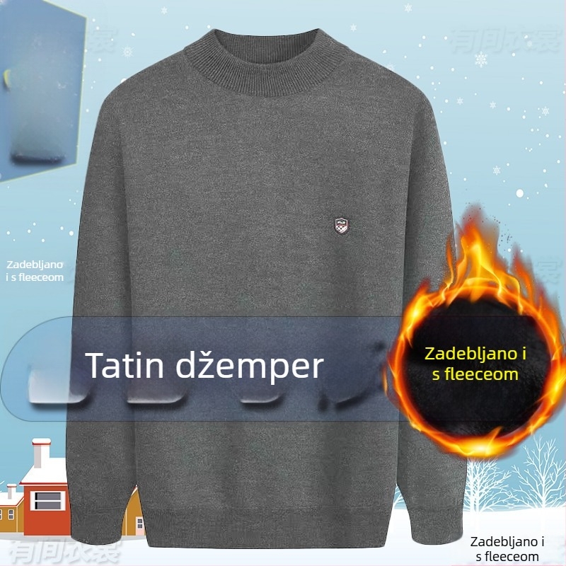 Muški pleteni džemper s flis podstavom, uski kroj, okrugli ovratnik, kamelova dlaka 66–70%, nork velur izvezena