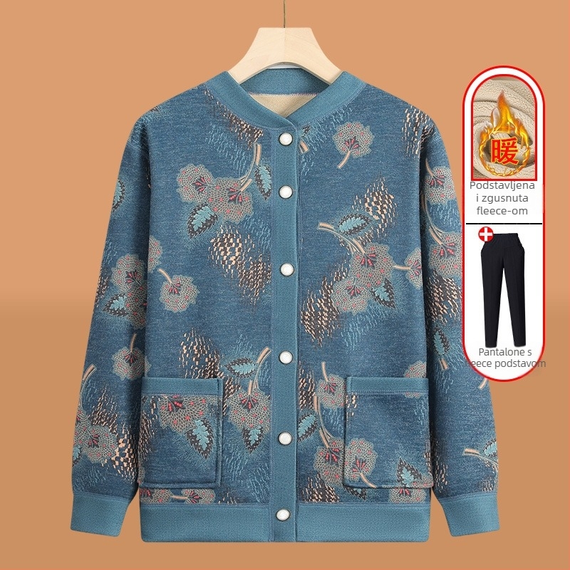 Pleteni kardigan za starije žene s fleece podstavom, zimska toplina, poliester (>95%), V-izrez, dugi rukavi, ležerni stil